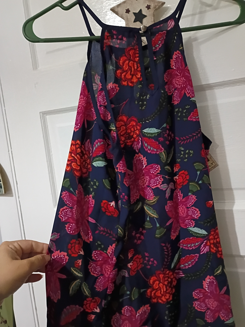 Papermoon Navy Floral Halter Tank Top with Pink & Red Blooms Medium